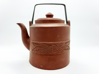 Red Clay Traditional Antique Ethnic Vintage Retro Kettle Tea Pot Photo in White Isolated Background as Graphic Resources