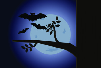 Halloween night background with bats and full moon