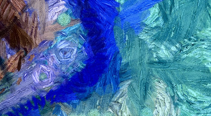 Impressionism wall art print. Vincent Van Gogh style expressionism oil painting. Swirl splashes. Surrealism artwork. Abstract artistic background. Real brush strokes on canvas. Contemporary fine art.