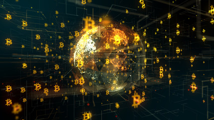 Bitcoin blockchain crypto currency digital encryption network for world money 3D render