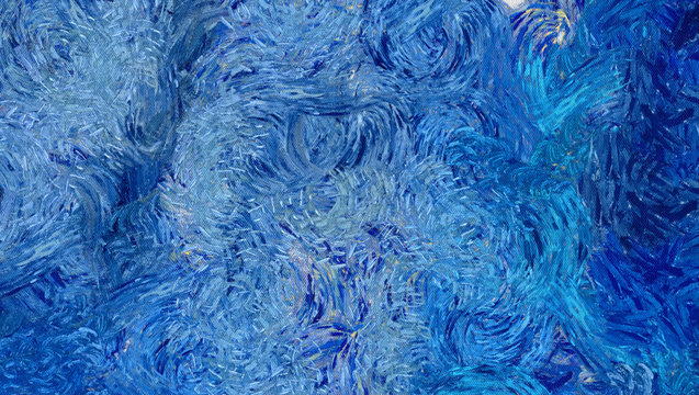 Impressionism wall art print. Vincent Van Gogh style expressionism oil painting. Swirl splashes. Surrealism artwork. Abstract artistic background. Real brush strokes on canvas. Contemporary fine art.
