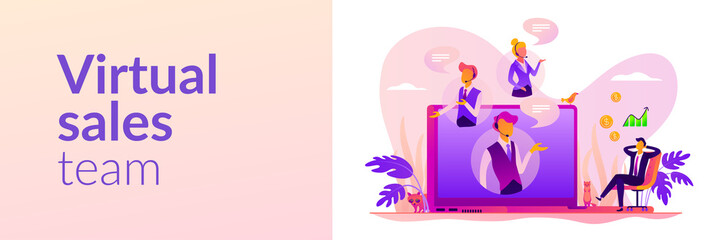 Virtual sales, remote sales method, virtual sales team and assistants concept. Vector banner template for social media with text copy space and infographic concept illustration.