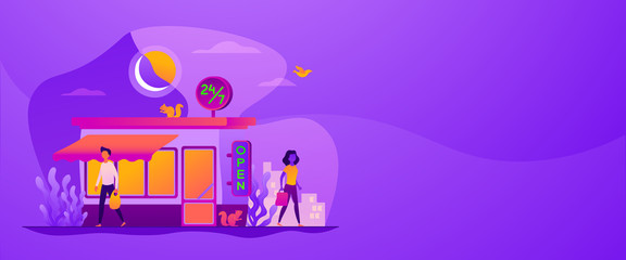 24 7 service, business time schedule, extended working hours and any time available service. Vector banner template for social media with text copy space and infographic concept illustration.