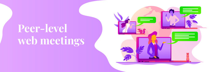 Web seminars and webcasts, peer-level web meetings, collaborative sessions and webinar concept. Vector banner template for social media with text copy space and infographic concept illustration.