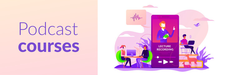 Podcast courses, audio and video recording, class recording access and study aid concept. Vector banner template for social media with text copy space and infographic concept illustration.