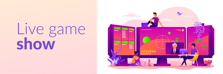E-sports streaming, live game show, online streaming business concept. Vector banner template for social media with text copy space and infographic concept illustration.