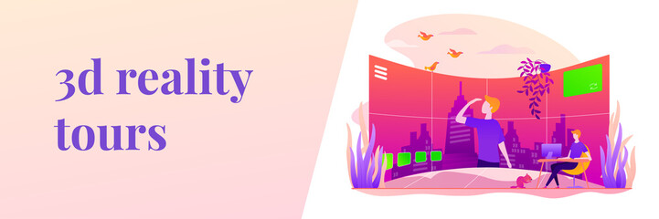 Virtual tour, 3d reality tours, virtual reality walk concept. Vector banner template for social media with text copy space and infographic concept illustration.