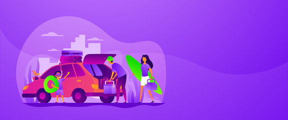 Family vacations, all ages vacation, fantastic family adventure concept. Vector banner template for social media with text copy space and infographic concept illustration.