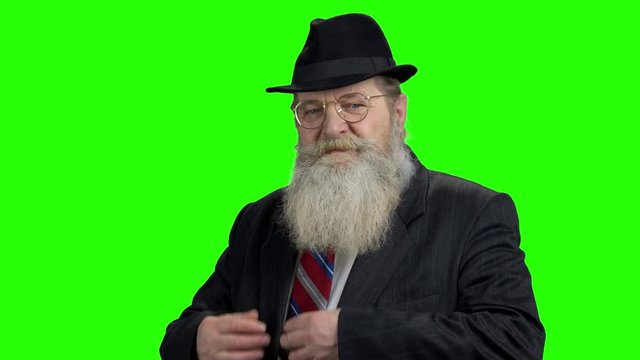 Confident senior man with beard on green screen. Handsome old man in suit looking at camera on Alpha Channel background.