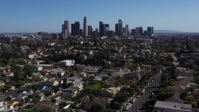 Drone flys over palm trees and East Los Angeles neighborhood and shows LA city skyline.