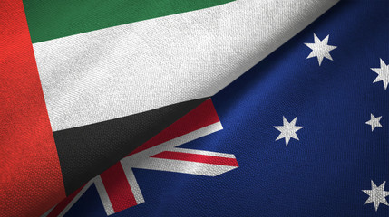United Arab Emirates and Australia two flags textile cloth, fabric texture