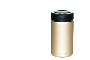 Clipping path, golden coffee tumbler with black cover keep beverage thermo hot and cold.  Stainless vacuum container fot takeaway reduce plastic glass. Global warming save the world conception.