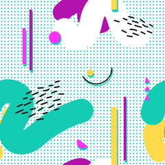 Memphis seamless pattern of geometric shapes for tissue and postcards.