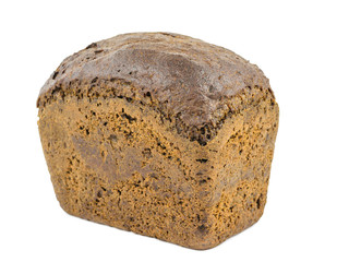 A loaf of coarse flour bread with bran and cereals isolated on a white background.