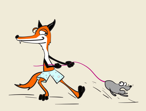 cartoon fox with mouse or rat caught by tail