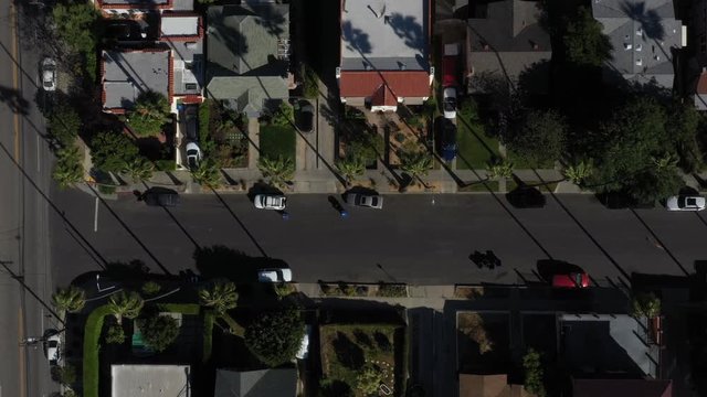 Drone flys over iconic Los Angeles palm tree lined street with the city skyline in the background.