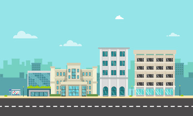 City street and company with bus stop in flat style.Business buildings in urban.Buildings on main street.Vector illustration.Modern cityscape design.Urban landscape with large modern buildings