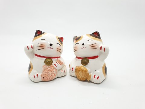 Porcelain Cat Statue representing luck symbol and sign for traditional chinese culture presented in white isolated background