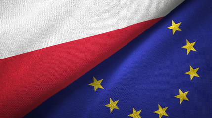 Poland and European Union two flags textile cloth, fabric texture