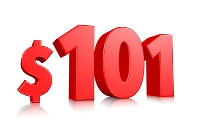 101$ one hundred and one price symbol. red text 3d  render with dollar sign on white background