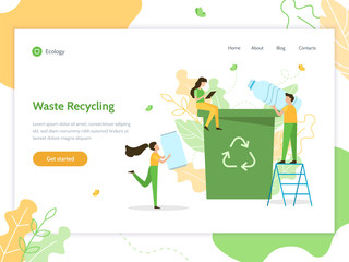 Waste recycling. People sort garbage. Ecology concept. Web banner design template. Flat vector illustration.