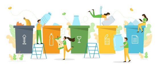 People sort garbage by type into containers for recycling. Ecology concept. Flat vector illustration. - obrazy, fototapety, plakaty