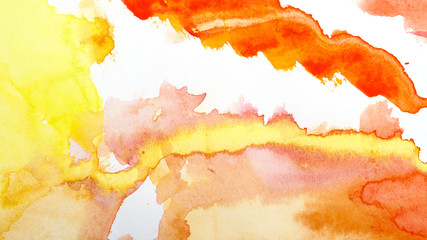 Abstract watercolor drips. Modern painting. Textured background. Orange, red and yellow colors....