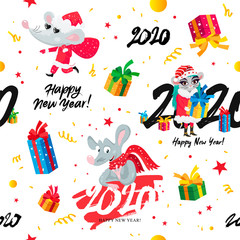 Fototapeta premium Seamless pattern of rats, mice, gift boxes and numbers 2020.
