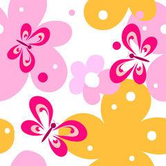 Vector seamless pattern with flowers and butterflies on a white background for the design of fabric Spring-summer composition.