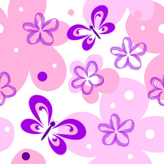 Vector seamless summer pattern with flowers and butterflies on a white background for the design of fabric, freehand drawing.