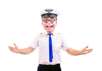 Funny cheerful pilot with glasses,  isolated on white background. Crazy captain of air plane with white shirt uniform.