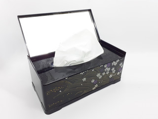 Black Floral Pattern Tissue Box Cosmetics in White Isolated Background