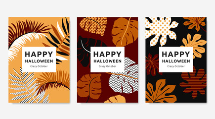 Botanical Halloween greeting card template design, palm leaves, Monstera deliciosa and Fatsia in orange, brown and black tones
