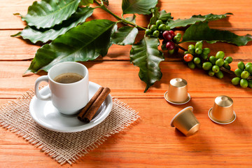 White cup of hot coffee on wooden table. Orange wood pinus.
