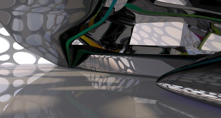 Abstract dynamic interior with black and colored gradient smooth objects. 3D illustration and rendering