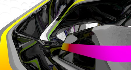 Abstract dynamic interior with black and colored gradient smooth objects. 3D illustration and rendering