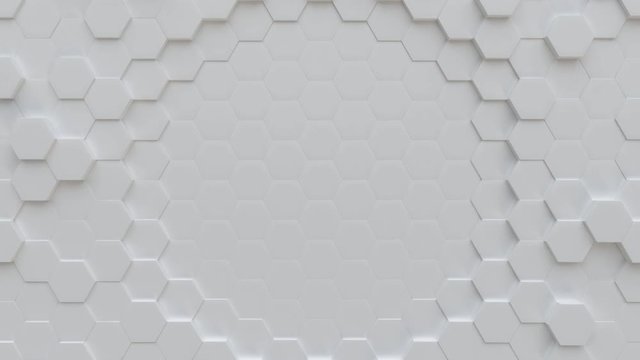 Abstract Placeholder Circle Hexagon Geometric Surface Loop: light bright clean minimal hexagonal grid, waving motion background canvas in pure wall architectural white. Seamless loop 4K UHD FullHD.
