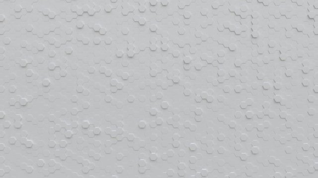 Abstract Hexagon Geometric Surface Loop: light bright clean minimal hexagonal grid pattern, random waving motion background canvas in pure wall architectural white. Seamless loop 4K UHD FullHD.