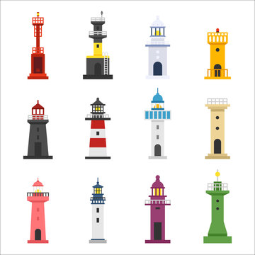 A set of various design lighthouses. flat design style minimal vector illustration