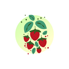 Strawberry bush in a cartoon style on pastel background. Red strawberries and green leaves. Vector illustration for textile, packaging, poster design.