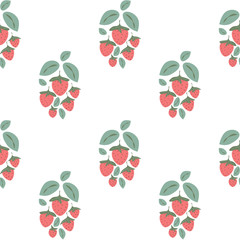 Seamless pattern with strawberry bushes in cartoon style on white background. Red strawberries and green leaves. Vector illustration for textile, packaging, poster design.