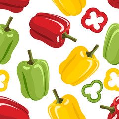 Bell pepper seamless pattern on white background. Yellow, green and red paprika, slices. Vector illustration of vegetables in cartoon simple flat style.