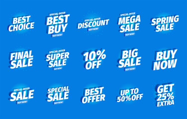 Sale offers set. Advertising promotion poster set. 3d letters on a blue background. Special offer slogan, super call for purchases. Vector color Illustration text marketing clipart.