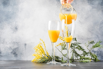 Bartender preparing alcohol cocktail mimosa with orange juice and cold dry champagne or sparkling wine in glasses, gray bar counter background with yelow flowers, copy space, selective focus