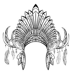 Outline drawing of native cap of Indian with feathers, decorations and drawing of deer antlers with feathers and roses.  Tribal costume. Vector illustration for sketch of tattoo, printing on T-shirts,