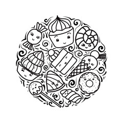 Set of contour child illustrations of cute, kawai sweets and confection. Vector elements for stickers, pins, badges and for your creativity.