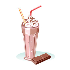 Chocolate milk shake in glass with straw isolated on white background. Vector illustration of refreshing cocktail with cream and chocolate bar in cartoon flat style.