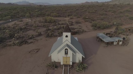 AERIAL - Old White Chapel in the Desert