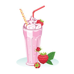 Strawberry milk shake in a glass beaker with straw isolated on white background. Vector illustration of refreshing cocktail with fresh red berries in cartoon flat style.