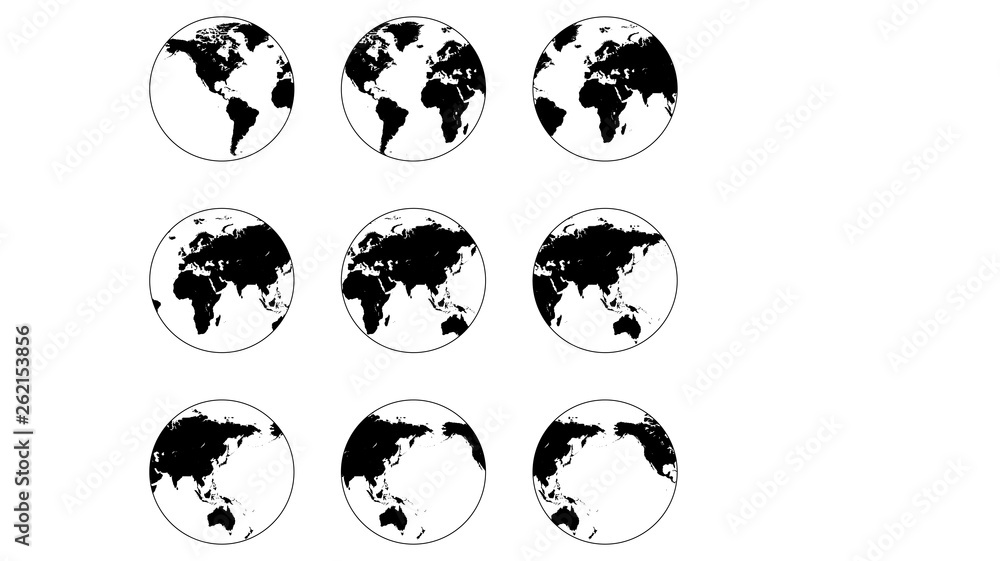 Poster Set globe world icon different angles, vector map of planet earth round globe